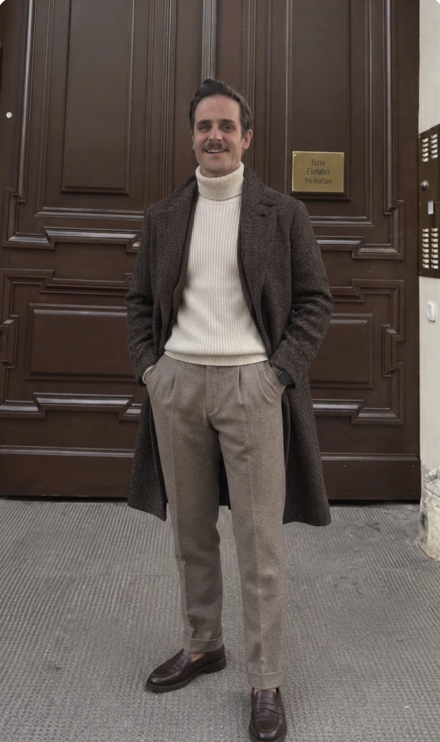 Thraed try-on result: the same person in front of a wooden door, wearing the herringbone coat, cream turtleneck and wool trousers