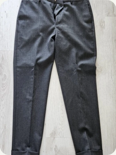 Charcoal wool trousers, laid flat